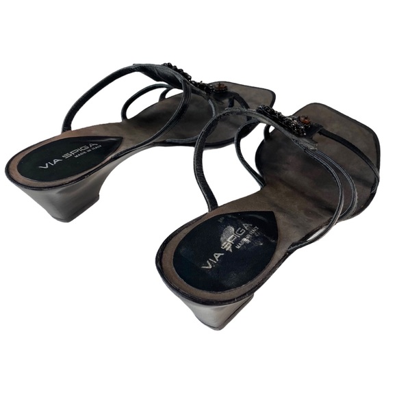 Via Spiga 𑁍 Beaded Metallic Flower Leather Sandals 𑁍 Black + Bronze Beads 𑁍 8 - Picture 6 of 15